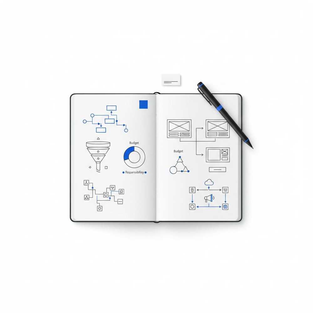Notebook-style vector illustration of ad-to-landing journey sketches with funnels, arrows, a pen and blue brand swatch on a white background, minimal layout for Google LSA ads cost article