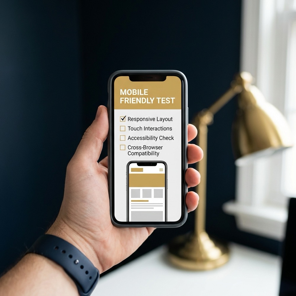 Operator holding smartphone running a mobile seo friendly test app showing a clean checklist on screen in Orvus Ltd navy and gold color palette