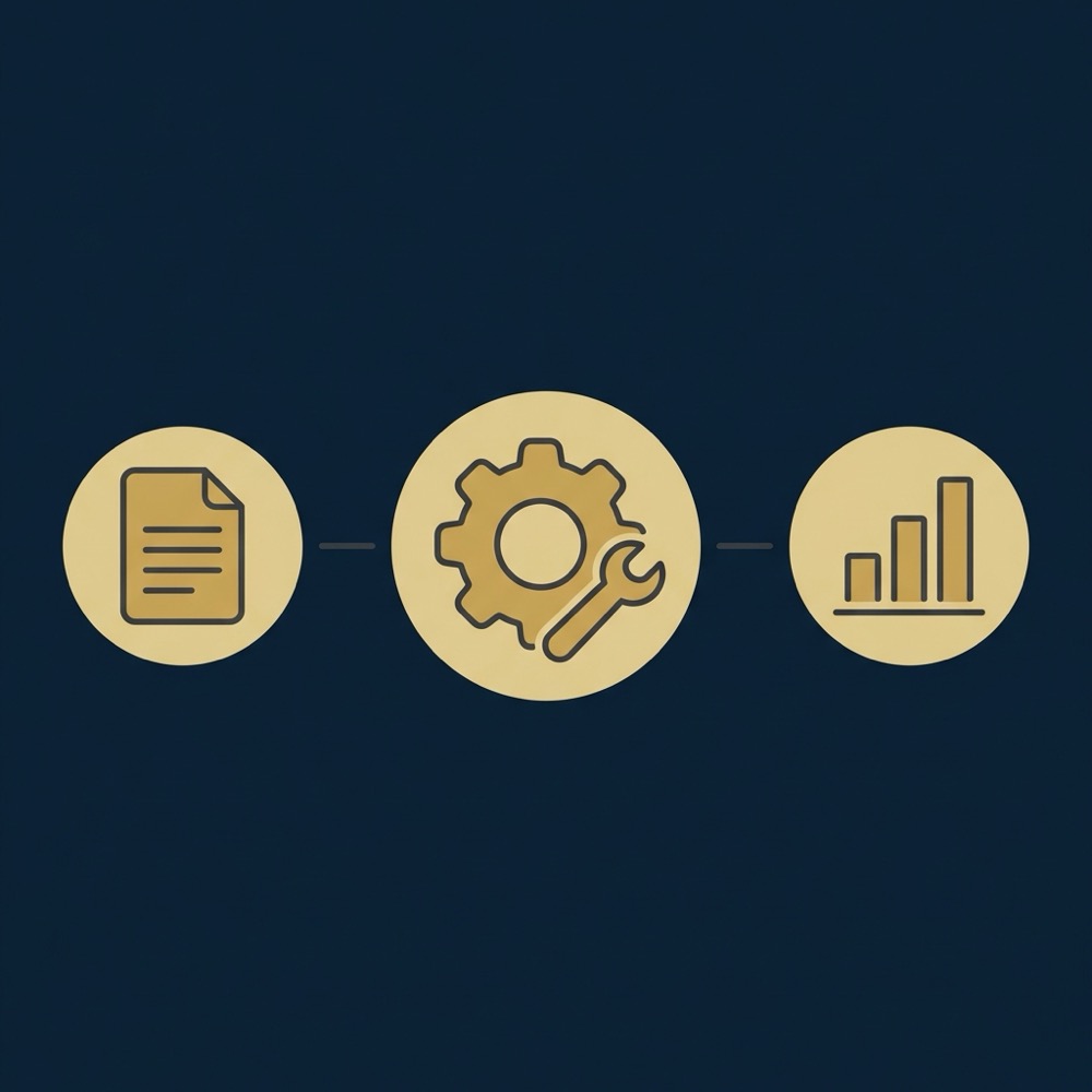 Minimal 2D vector infographic showing three diagnostic steps and cost drivers with icons for content technical work and reporting in Orvus Ltd brand colors squarespace seo