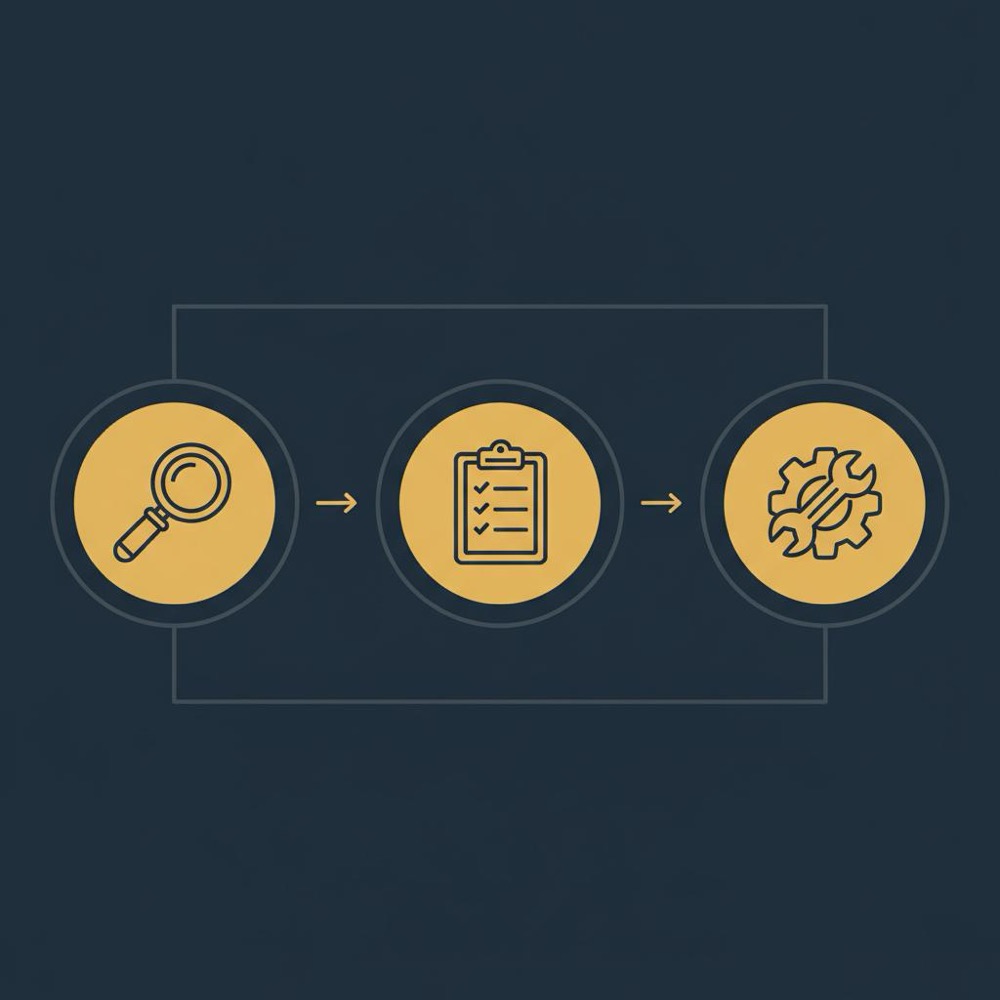 Minimal 2D vector infographic showing a three-step workflow with icons (magnifying glass, clipboard, wrench) on Orvus navy background - ahrefs for free