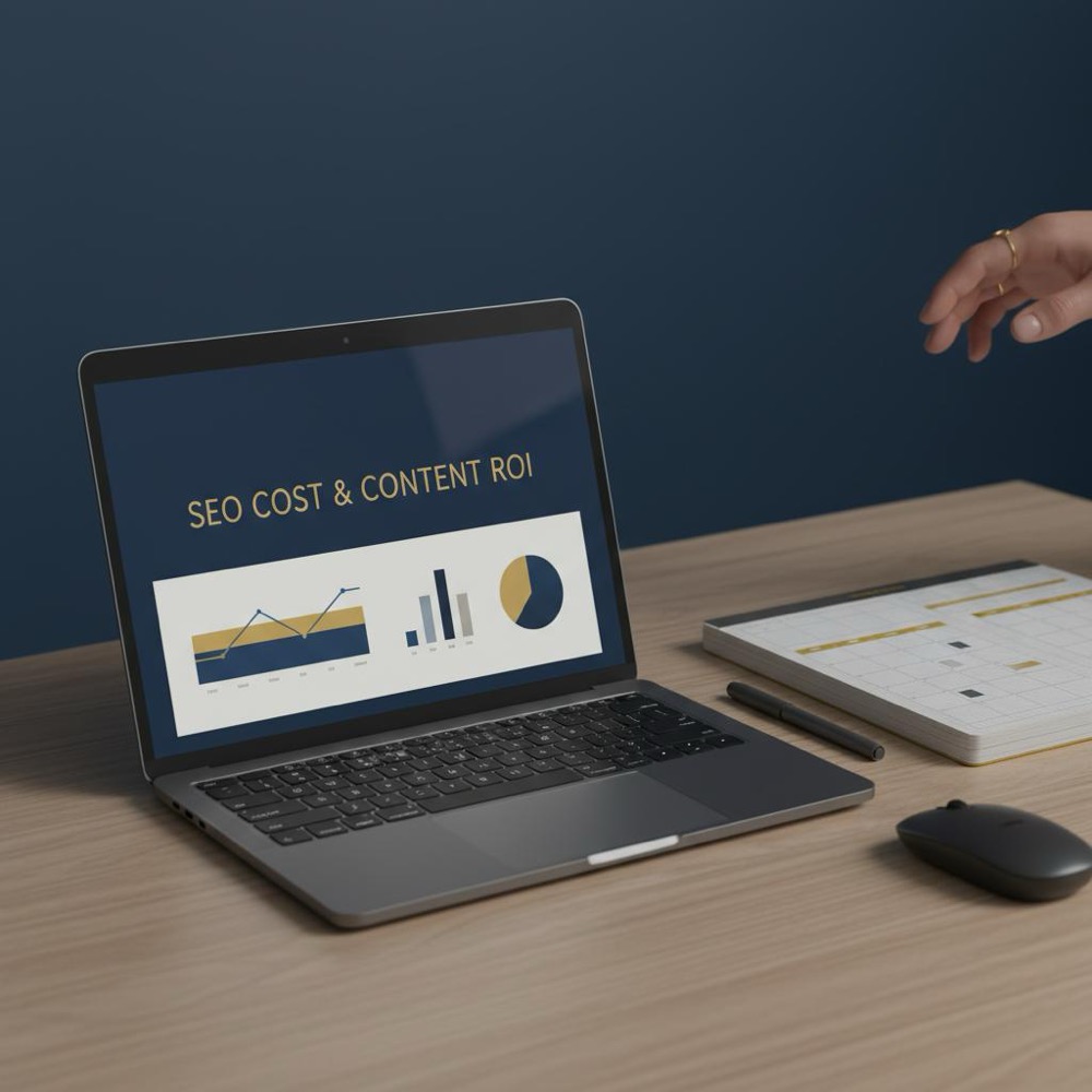 Minimalist workspace with laptop displaying analytics charts and a content-calendar notebook, branded accents #C8A45D and #2E3237, illustrating SEO cost planning.