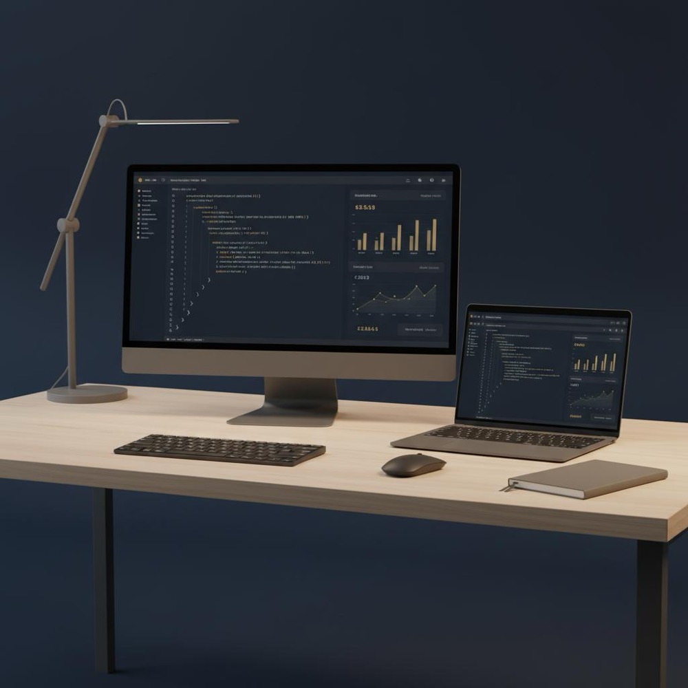 Minimal developer workspace with code editor and analytics dashboard on screens, navy background and #C8A45D Orvus Ltd. accents, illustrating how to rank on Google