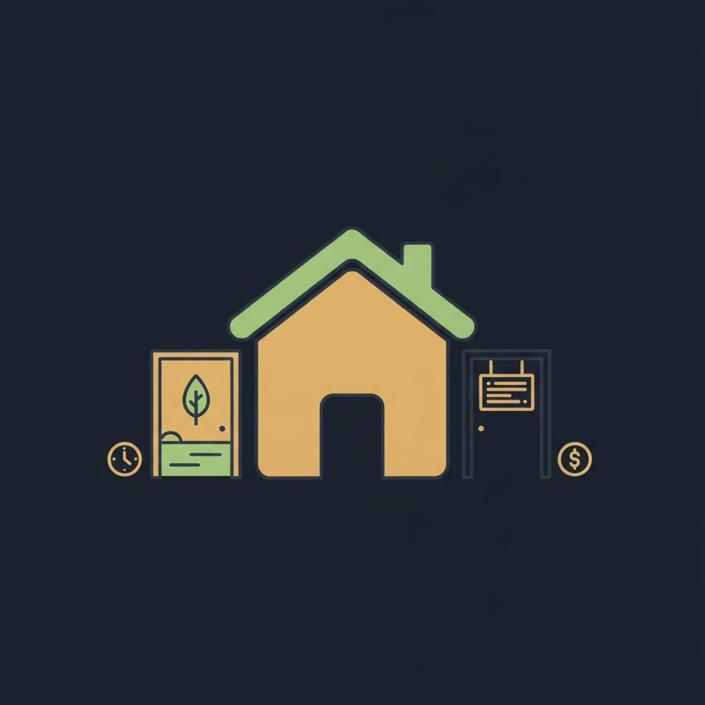 Minimal 2D vector infographic showing two doors into a stylized house to illustrate the difference between SEO and SEM, with clock and coin icons, navy and gold accents.