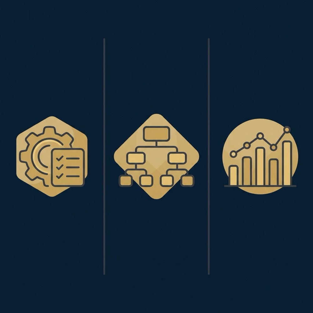 Minimalist 2D vector infographic for seo firms showing three columns of icons representing technical checks content architecture and measurement on a deep navy background
