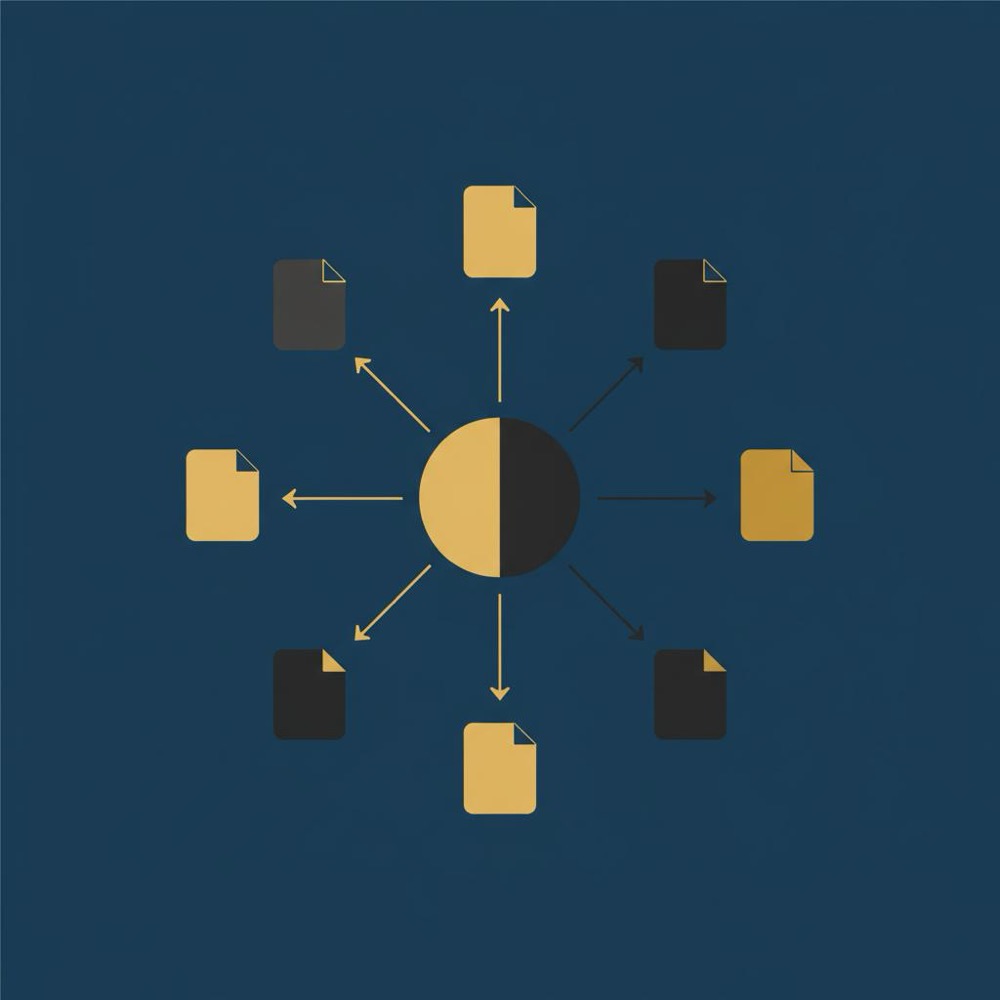 Minimal 2D vector infographic in Orvus Ltd palette showing a hub-and-spoke internal linking diagram with highlighted priority pages to illustrate how to rank on Google.