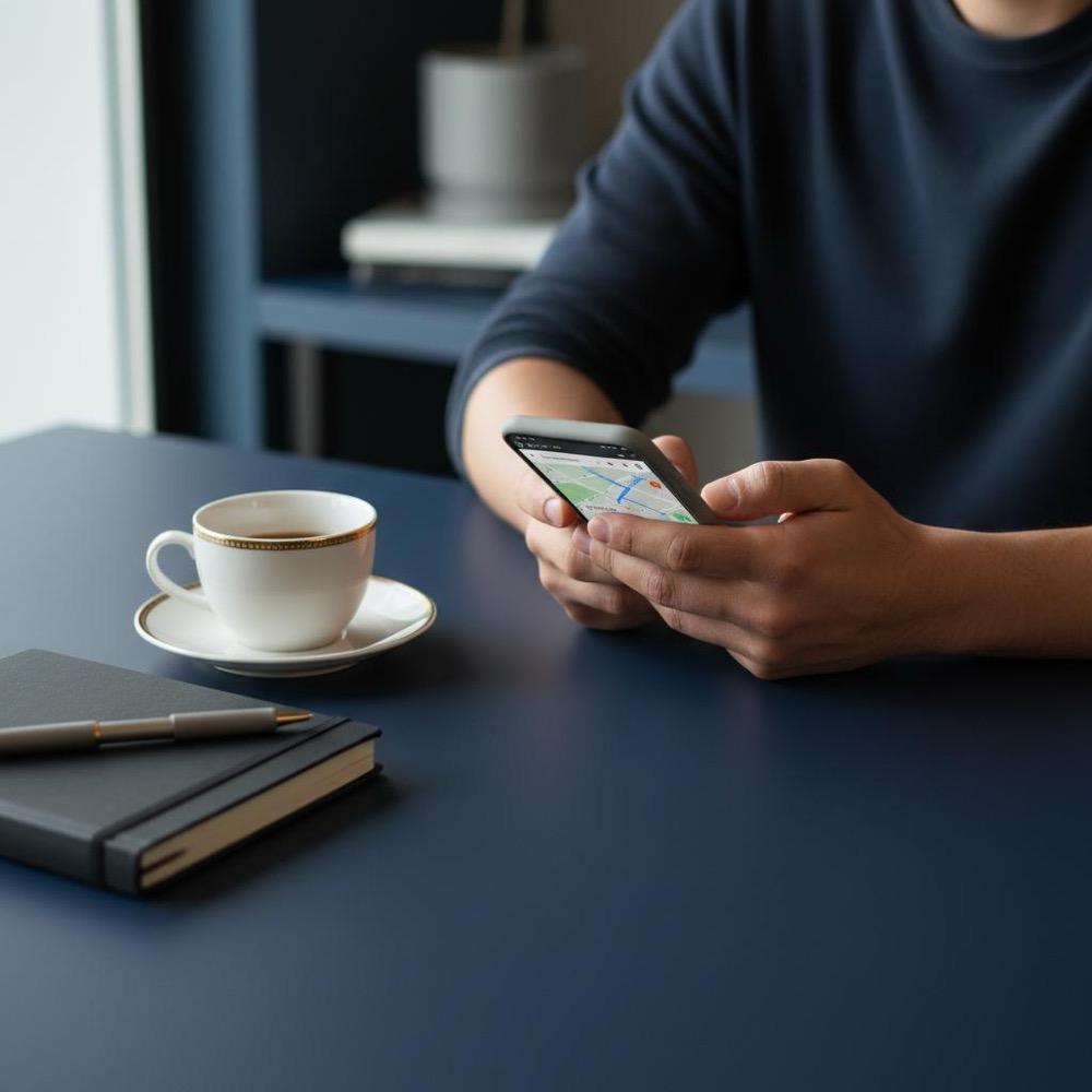 Person using smartphone with Google Maps on a tabletop with coffee and notebook, contextual image for delete my Google review article