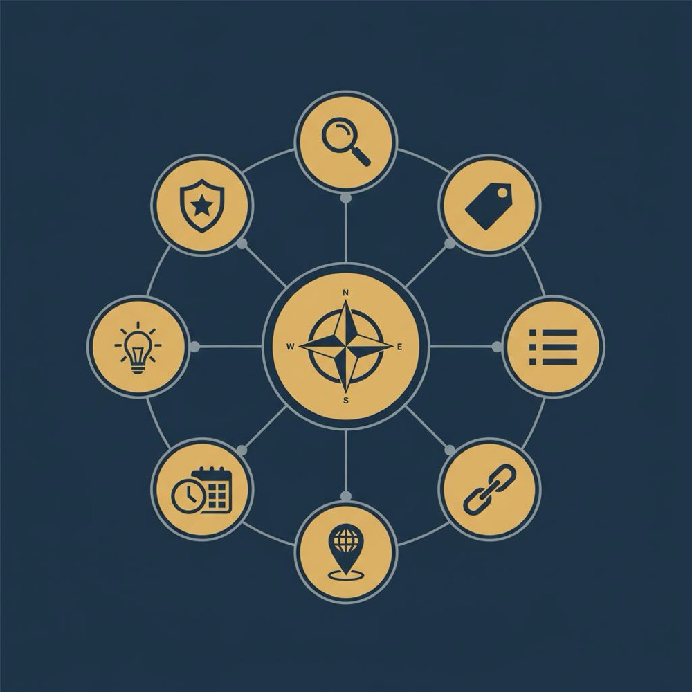 Minimal 2D vector infographic with nine circular icons around a central hub connected by lines illustrating types of keywords