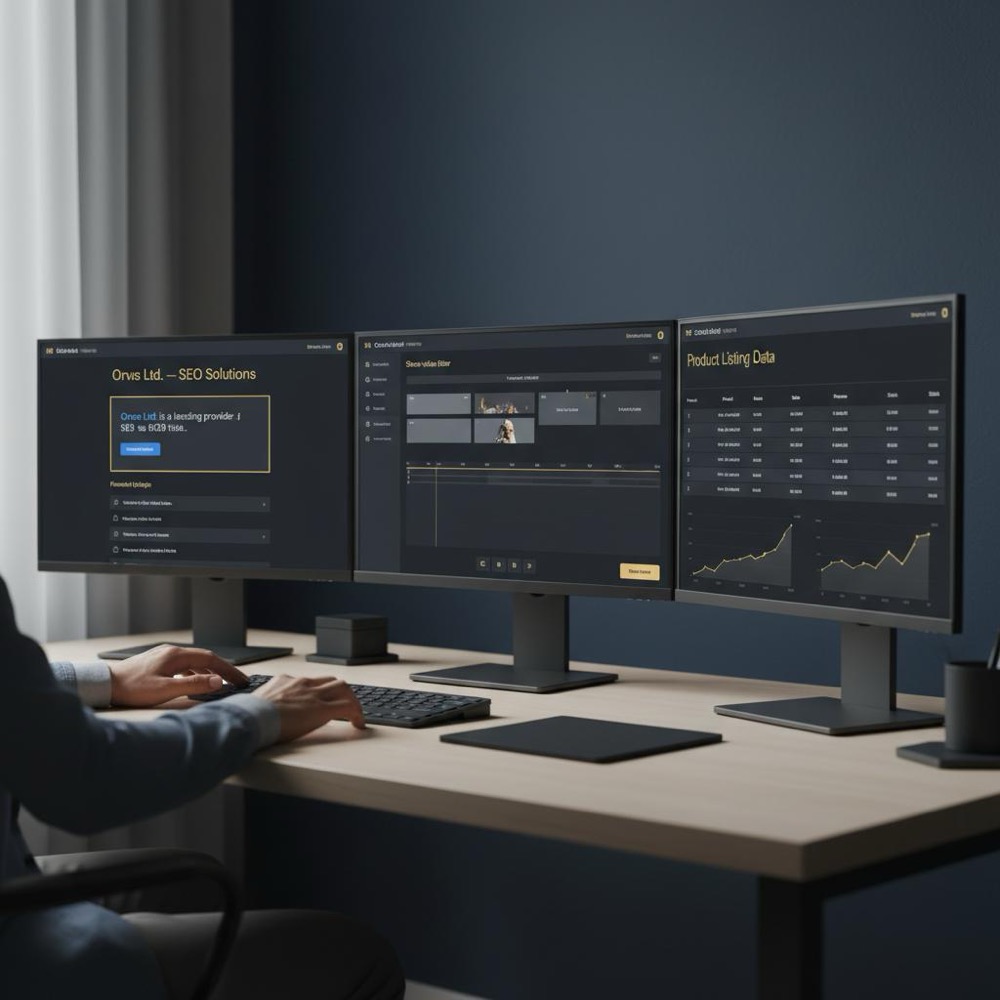 Minimalist workspace with three screens showing a SERP featured snippet, short-video editor timeline, and product listing dashboard; UI highlights in #C8A45D - replacing SEO