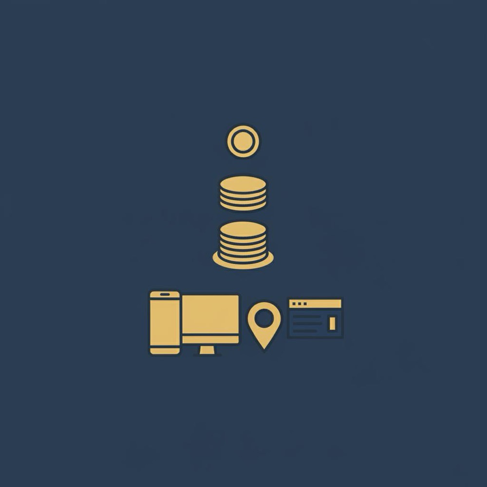 Minimal 2D vector rank tracker infographic showing tiered cadence icons (daily, 2-3x/week, weekly), device and geo icons, and a compact SERP snapshot on a deep blue background.
