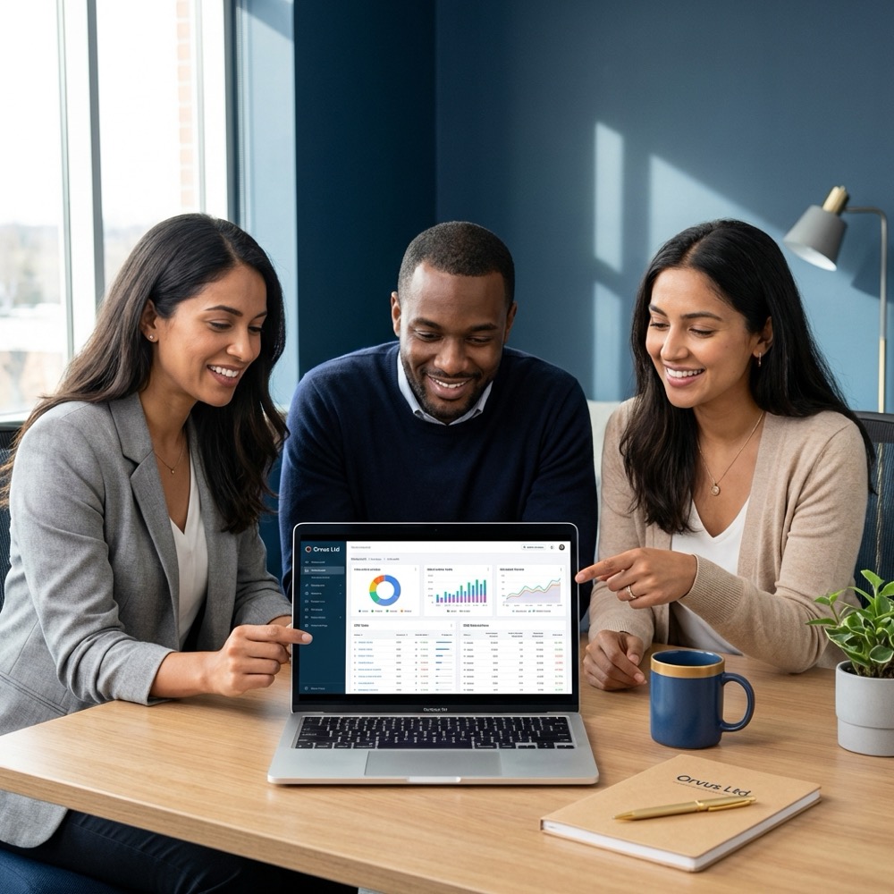 Small team reviewing SEO reports on a laptop with clear dashboards in a minimalist Orvus Ltd workspace optimized by best search engine optimization company branding