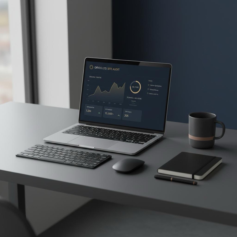 Minimalist developer desk with laptop showing a realistic site-audit dashboard, natural light and Orvus Ltd brand accents, designed to optimize SEO on Google