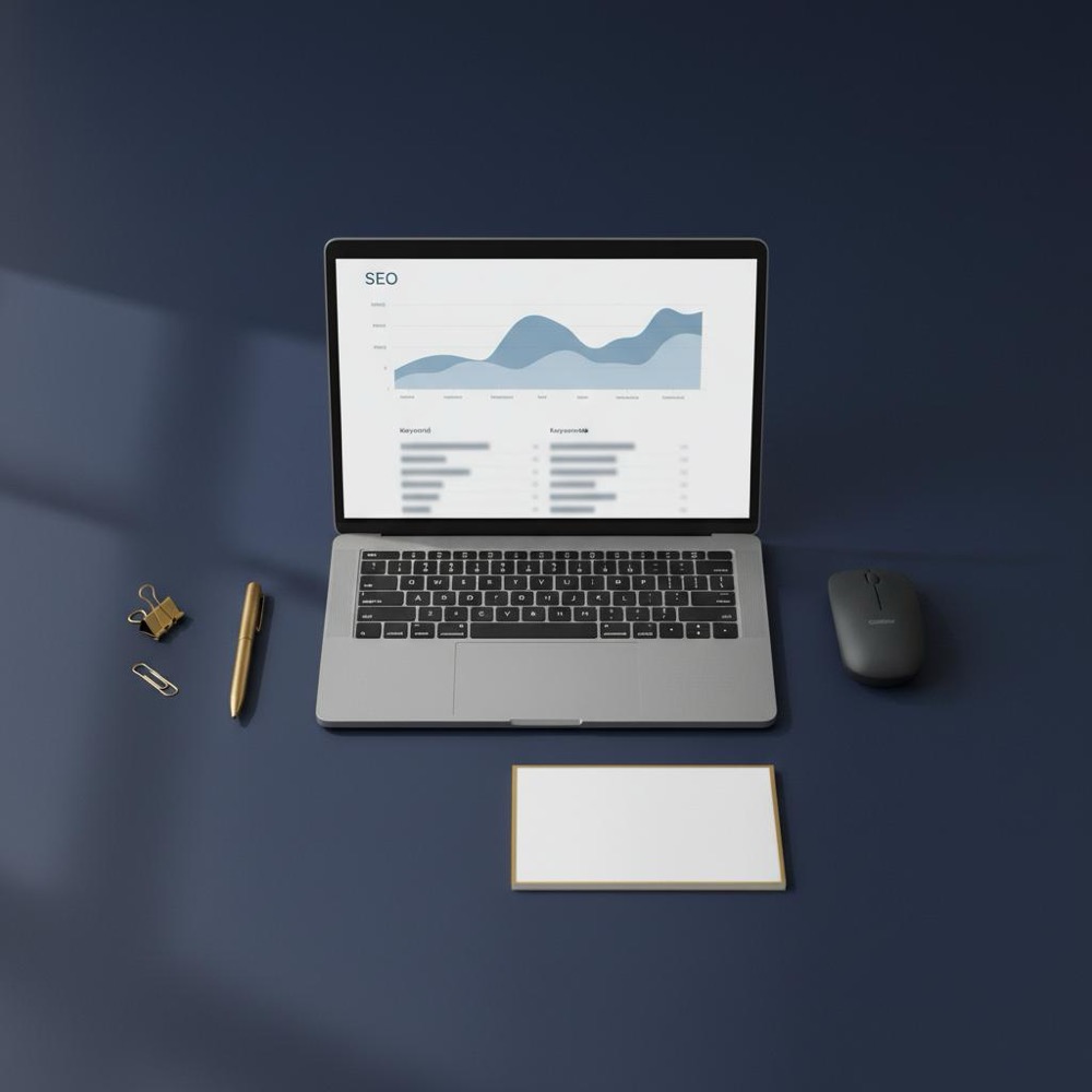 Minimalist workspace with laptop showing blurred SEO dashboard and gold accents on deep navy background, illustrating do meta keywords matter topic