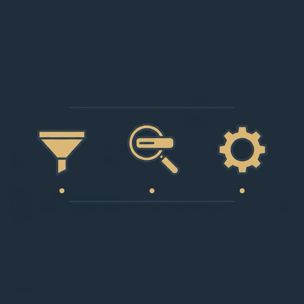 Minimal vector infographic comparing google analytics vs semrush with three icons (funnel, magnifying glass, gear) on deep navy background in Orvus Ltd brand colors.