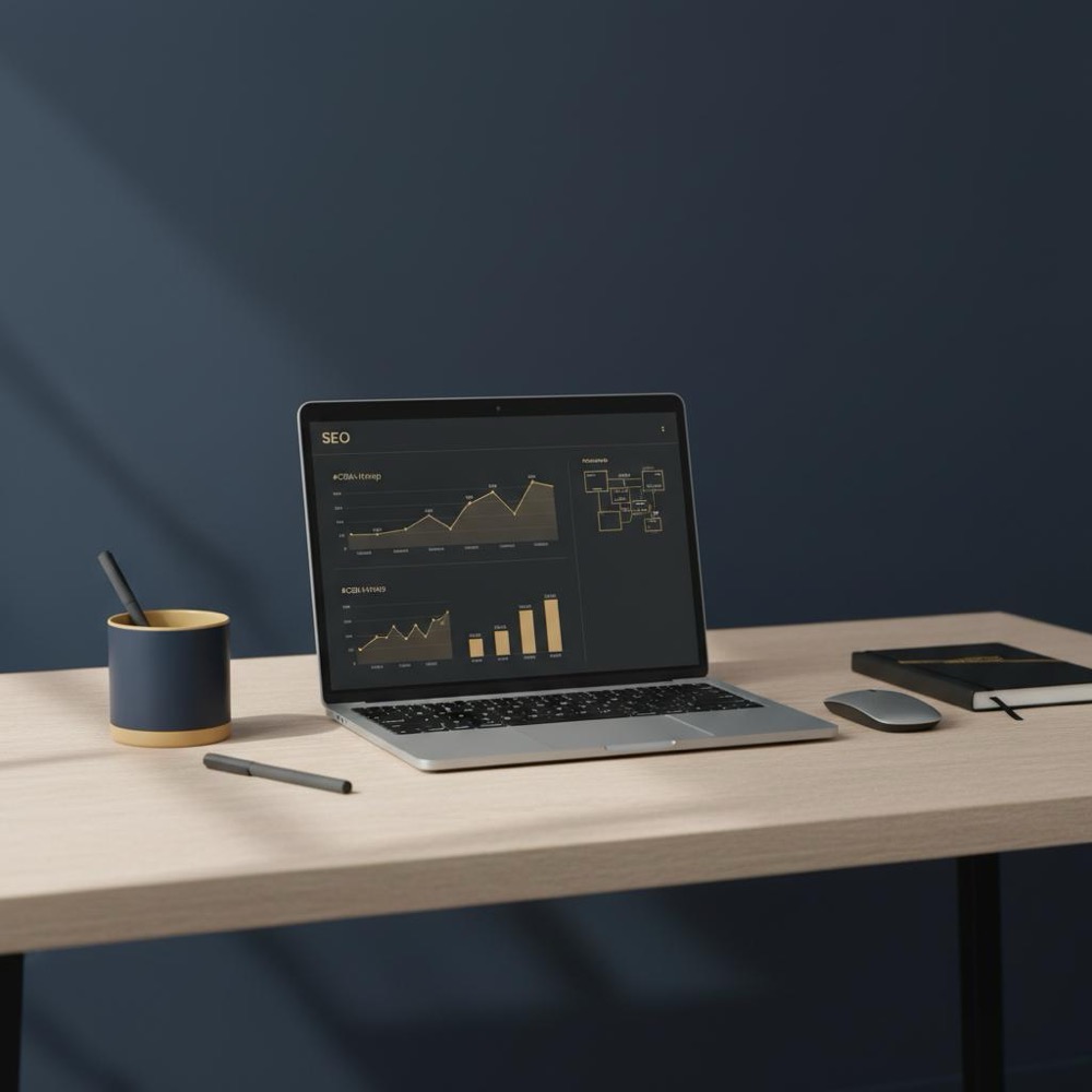 Photorealistic close-up of a tidy workspace with a laptop showing a simplified SEO dashboard and sitemap, natural textures and Orvus Ltd. accents - what is SEO