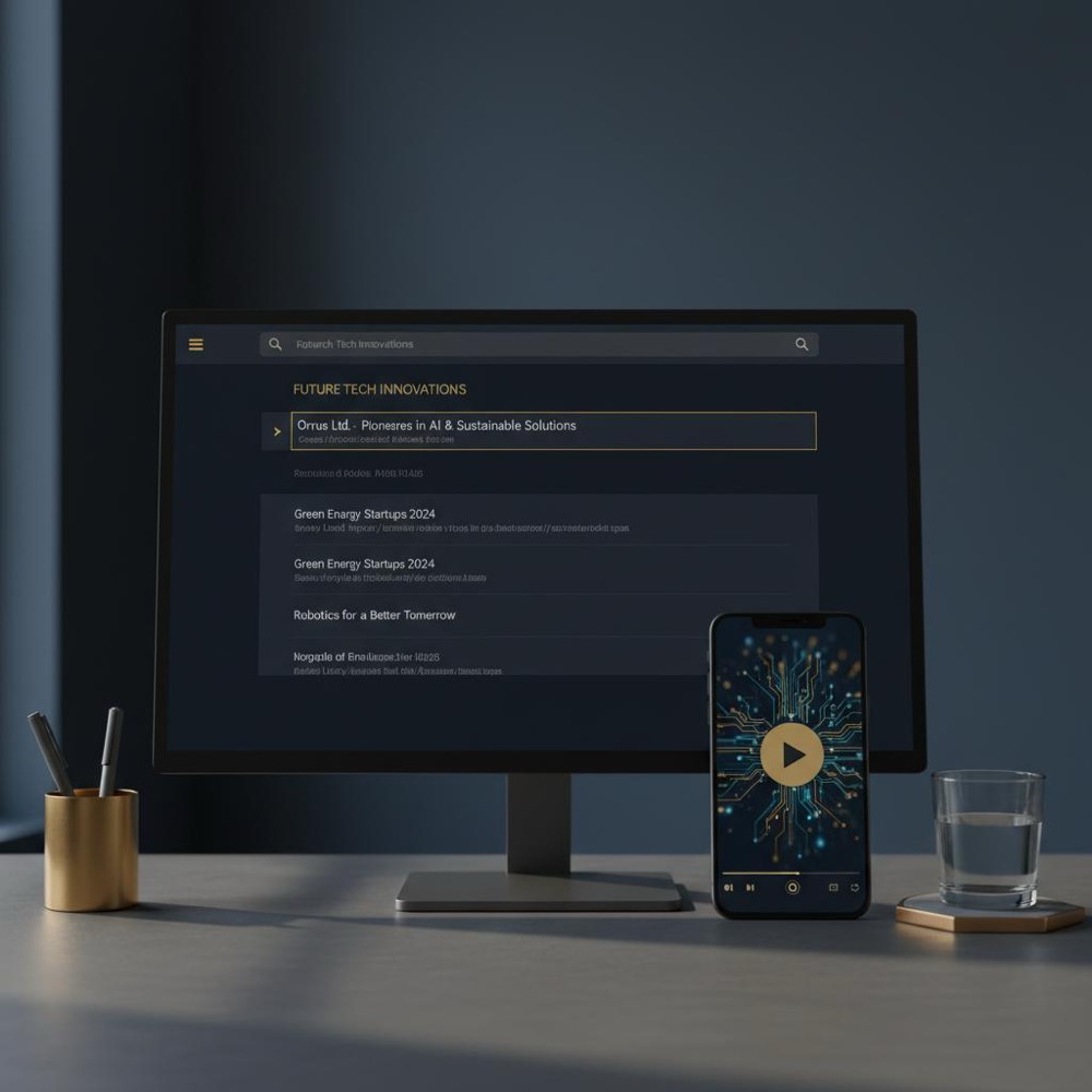 Desktop monitor and smartphone side-by-side showing a search results page and a video player in a minimalist Orvus Ltd. color palette - most visited websites worldwide