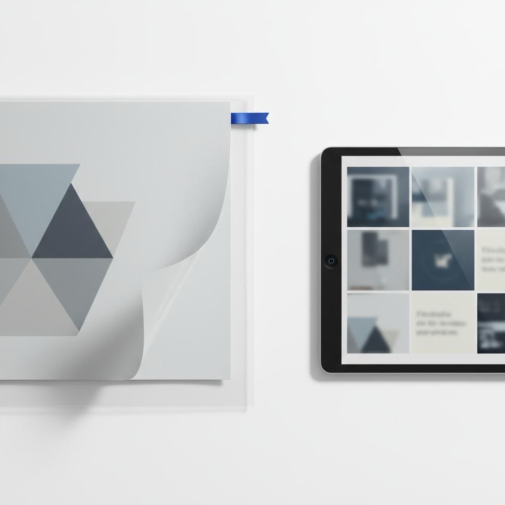 Close-up flat-lay of printed art sliding from protective sleeve beside tablet showing portfolio grid on white background with blue accent ribbon - replacing Instagram for artists