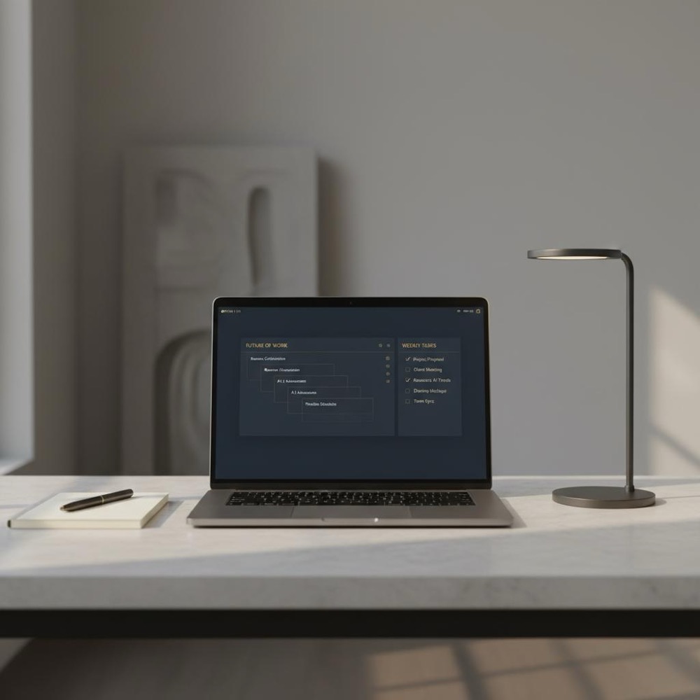 Minimalist workspace with laptop displaying a layered article outline and checklist, illustrating the golden rule of SEO with Orvus Ltd. brand colors and navy background.