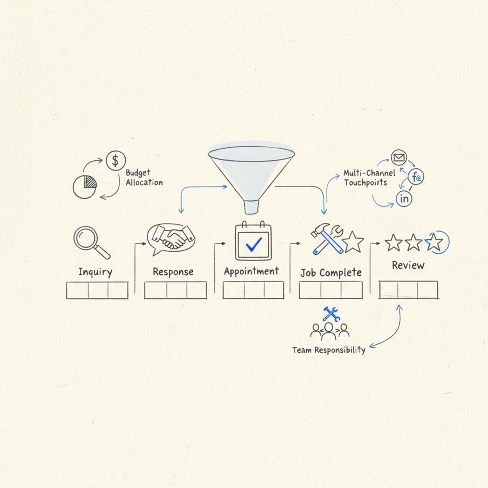 Notebook spread sketch of a customer journey map for local services with icons for inquiry, response, appointment, job complete and review, drawn in Orvus brand colors to promote services on Thumbtack