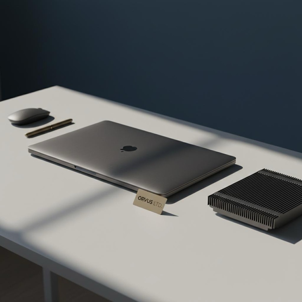 Minimalist photo of a laptop on a #0B1E33 desk with visible heat-sink cooling pad and product tag, natural light, muted #C8A45D accents, clean composition for copywriting context.