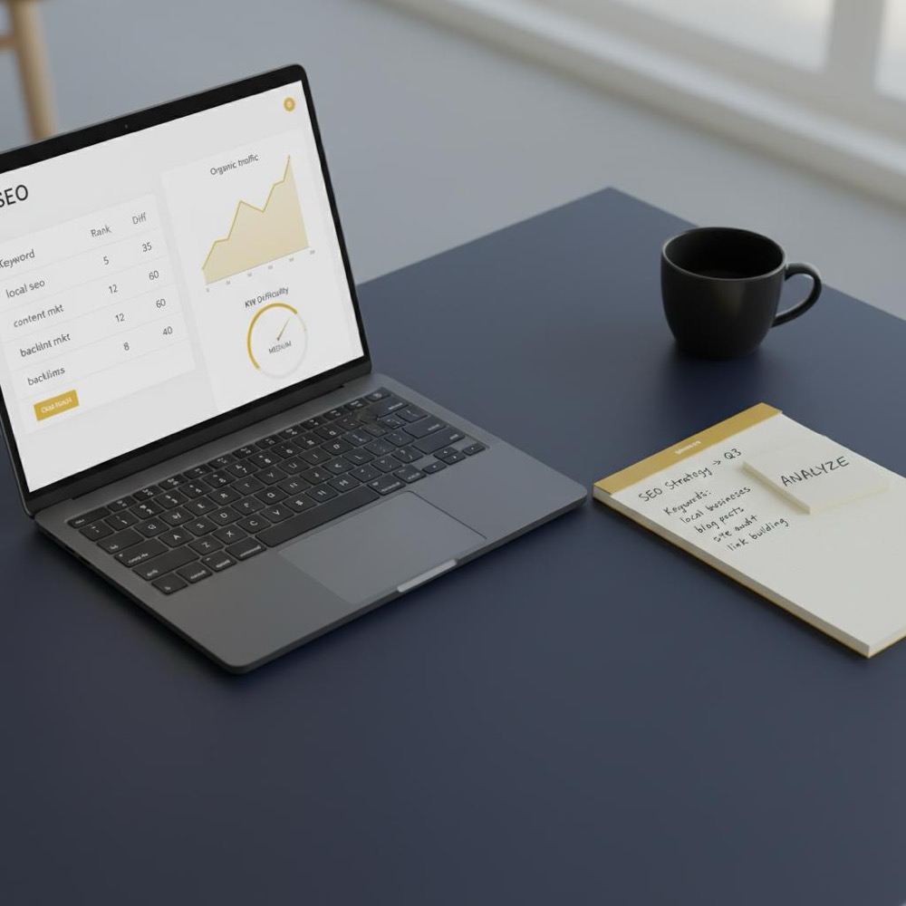Minimalist workspace with laptop showing SEO dashboards, a notepad with a keyword list and a coffee cup highlighting alternatives to semrush