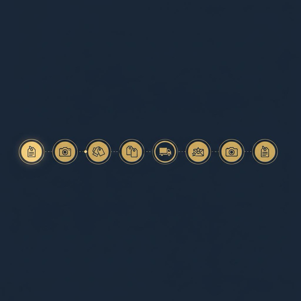 Minimal 2D vector infographic of an 8-week Etsy SEO testing timeline with icon-only week nodes for title, photo, tags, shipping, and review requests on dark background.