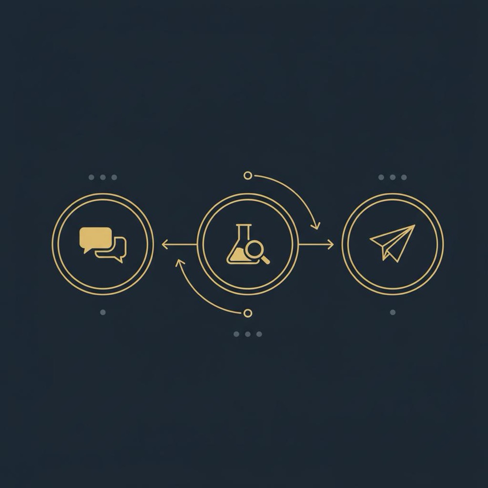 Minimal 2D vector infographic of a three-step validation flow (talk, test, ship) using icons on dark navy #0B1E33 with gold accents, illustrating best Shopify niches.