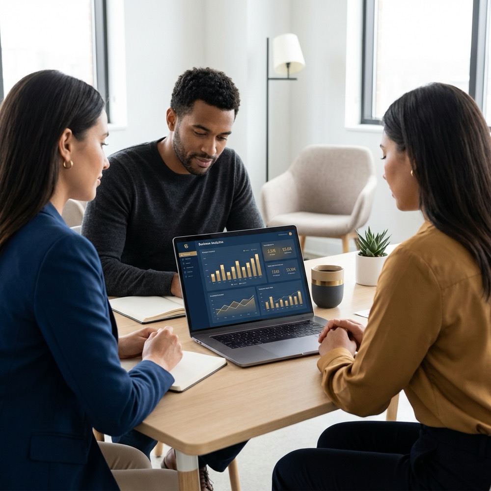 Small team of three reviewing analytics on a laptop in a minimalist shared workspace with Orvus Ltd brand colors and focus on seo for startups