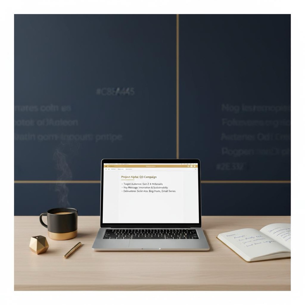 Tidy editorial workspace with laptop showing a content brief, open notebook of prompts and a coffee cup, illustrating a best ai writing software workflow with subtle gold #C8A45D accents.