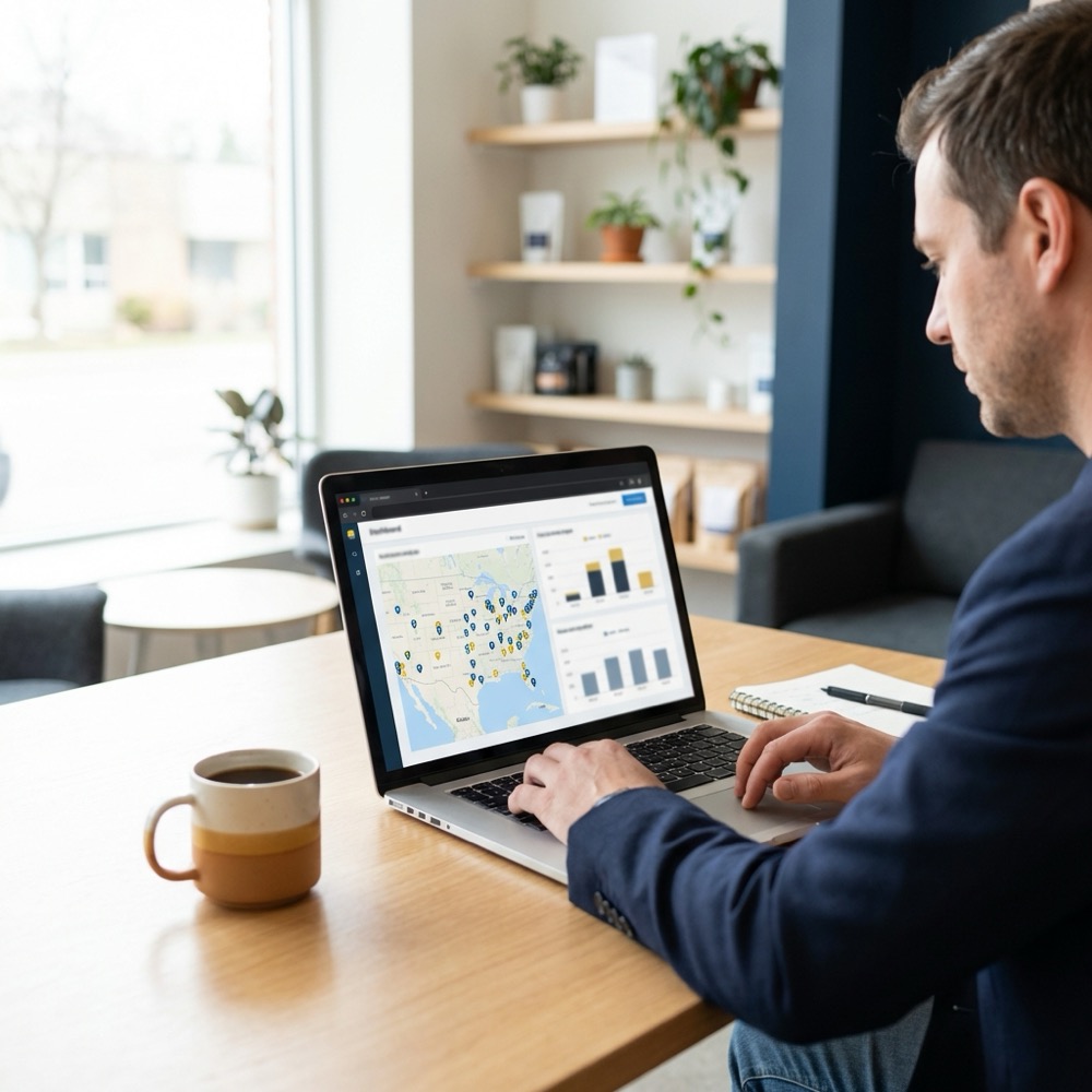 Small business owner reviewing a local search report on a laptop on site in a tidy storefront with brand color accents and deep navy background seo company near me