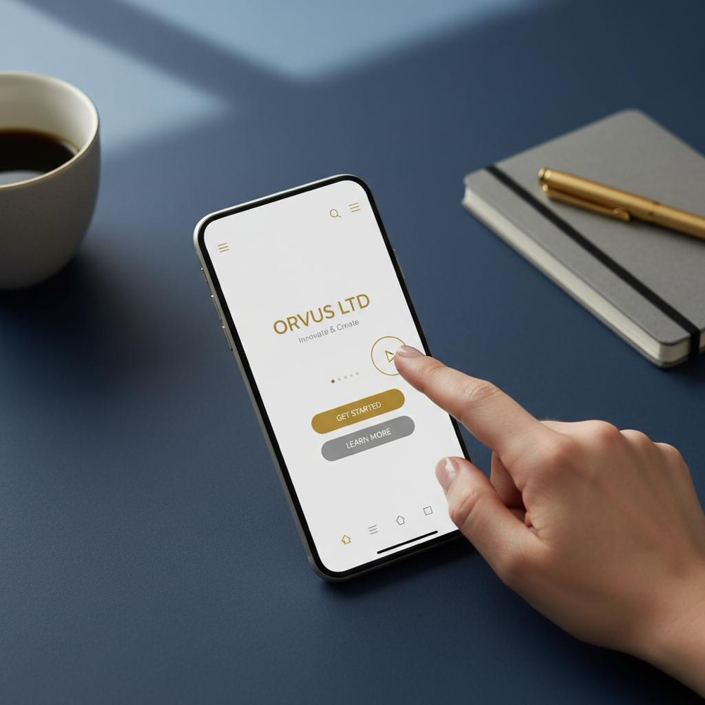 Hand holding smartphone viewing a minimalist SEO landing page UI on a desk with Orvus Ltd brand colors (#0B1E33 background, #C8A45D accents), shallow depth of field, no visible faces.