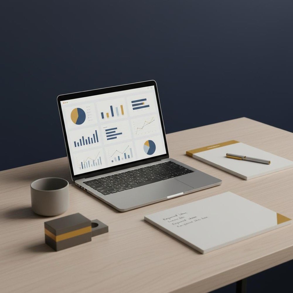 is seo worth it for ecommerce: minimalist tidy ecommerce workspace with laptop showing analytics graphs, notebook with keyword ideas, and coffee cup on deep navy #0B1E33 background