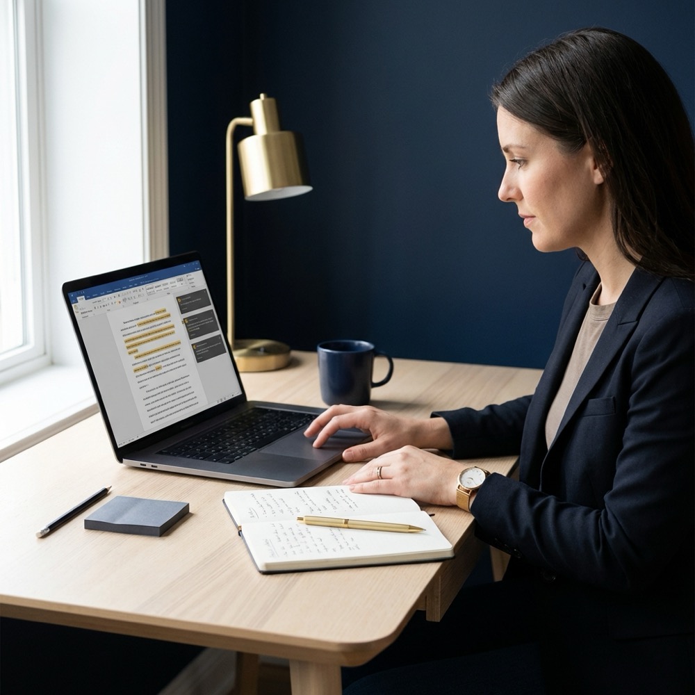 Minimalist photorealistic scene of a writer editing a draft on a laptop at a tidy desk with notes and coffee conveying human in the loop editing best ai for writing