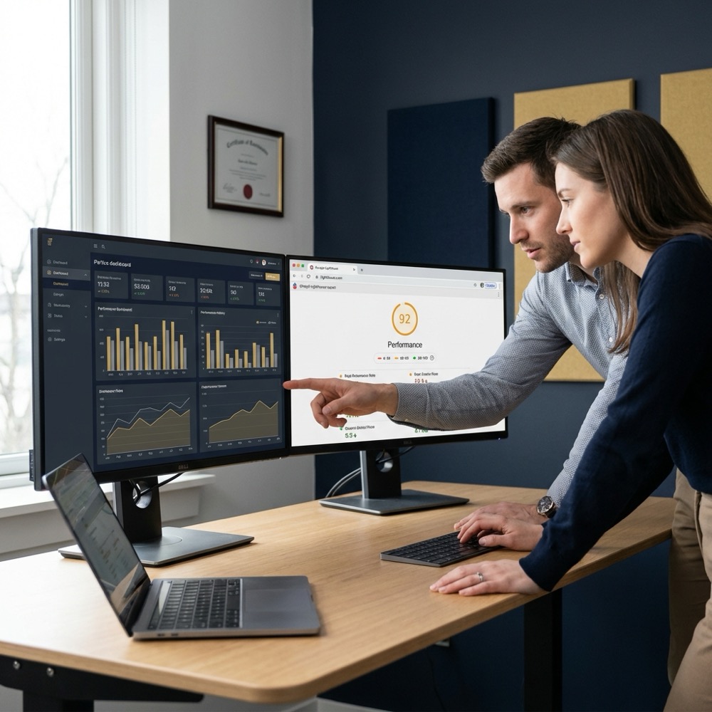 Two developers reviewing performance dashboards and Lighthouse reports on dual monitors in a minimalist Orvus Ltd styled office with javascript seo focus