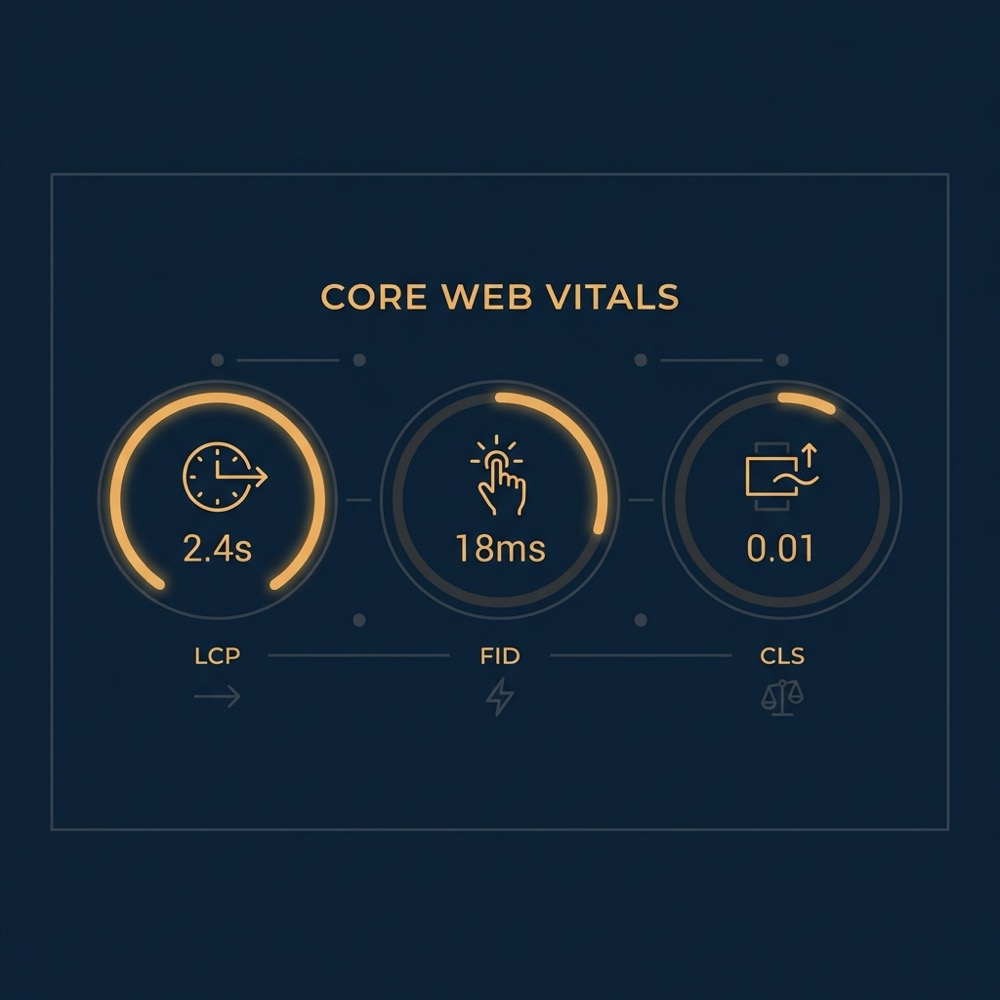 Minimal 2D vector infographic of core web vitals meters on navy background using brand accents seo webdesign
