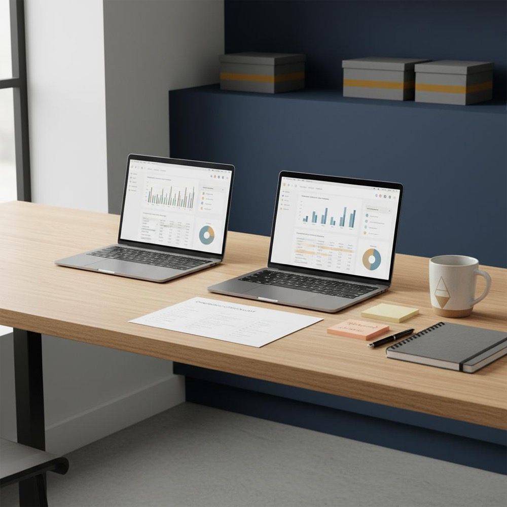 Minimalist small-team workspace with laptops showing analytics dashboards, sticky notes and printed diagnostic checklist, mug with muted #C8A45D accent - 5 C's of strategic analysis