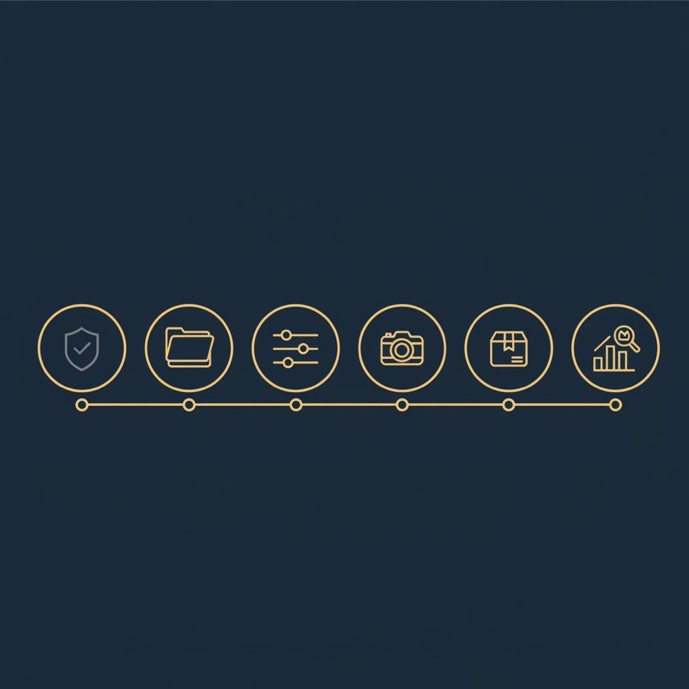 Minimal 2D vector infographic mapping steps to optimize Google Business Profile: claim, categories, attributes, photos, products, measurement on a navy background with gold accents.