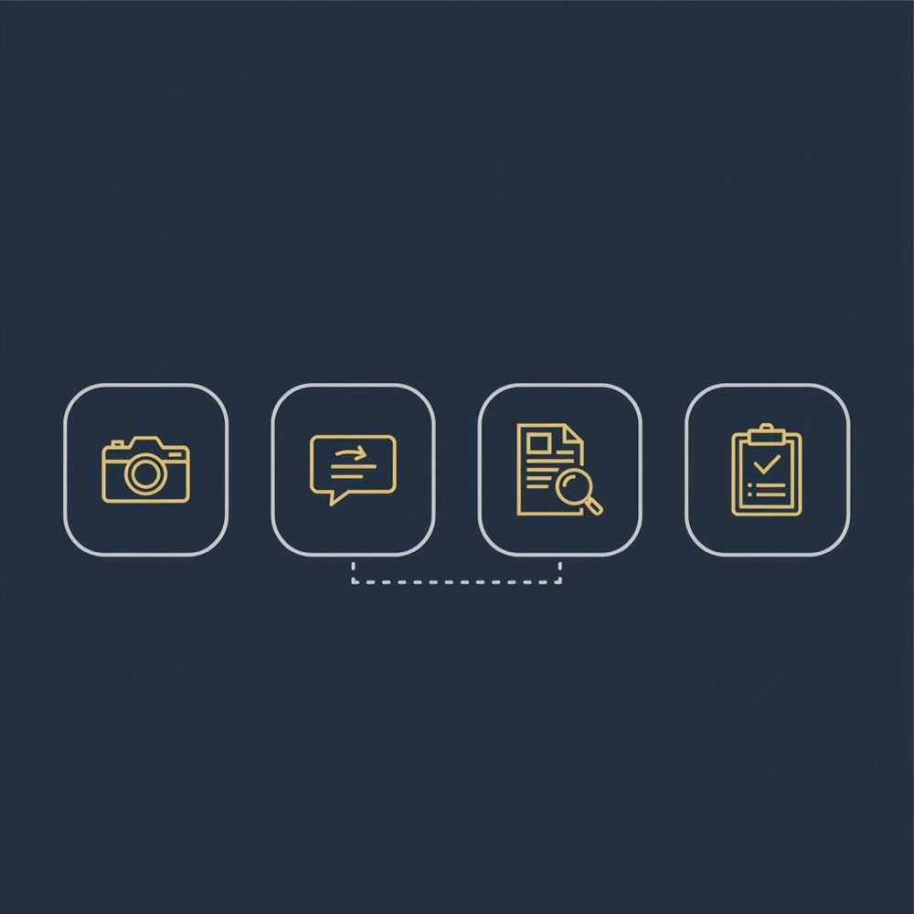 Minimal 2D vector infographic showing four icon steps for remove reviews workflow: screenshot camera, reply speech bubble, report-with-evidence folder, and log clipboard on dark blue background.