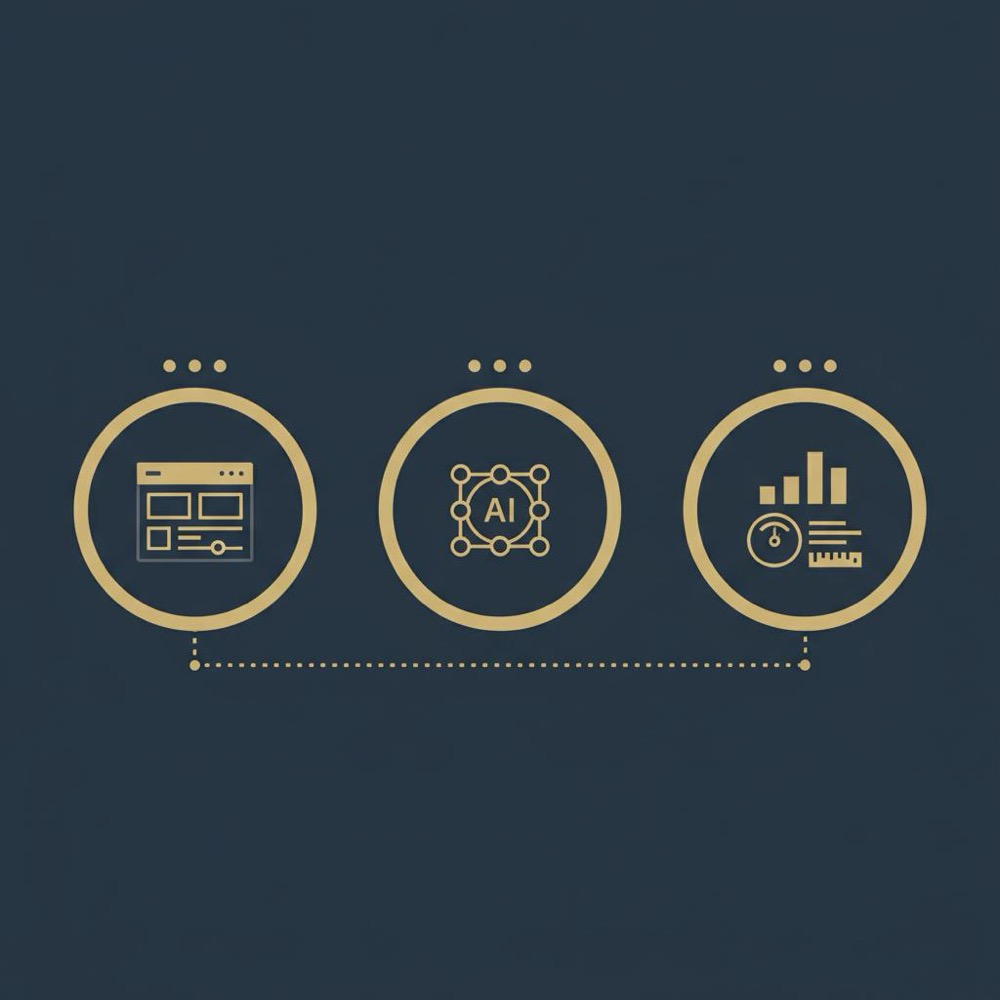 Minimal 2D vector infographic showing UX, AI and measurement icons on dark blue background using Orvus Ltd. colors, illustrating the golden rule of SEO
