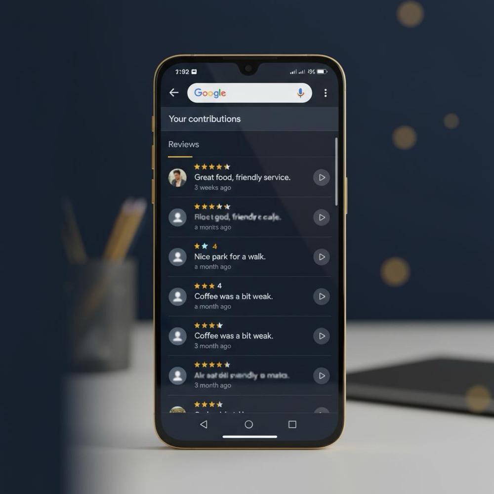 Close-up smartphone showing a Google Maps review list, illustrating how to delete my Google review, minimalist composition with deep navy (#0B1E33) background and gold (#C8A45D) accents.