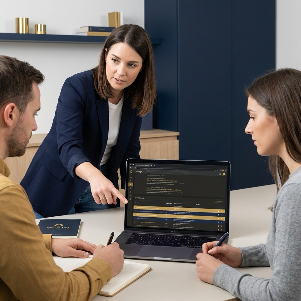 Marketing team reviewing search snippets and a crawl report on a laptop screen with metatags focus in Orvus Ltd brand colors deep blue and gold accents