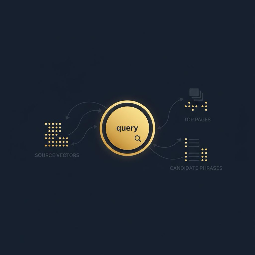 Minimal 2D vector embedding-space diagram with clustered gold nodes and gray arrows pointing to icons for query, top pages and candidate phrases, LSI keywords