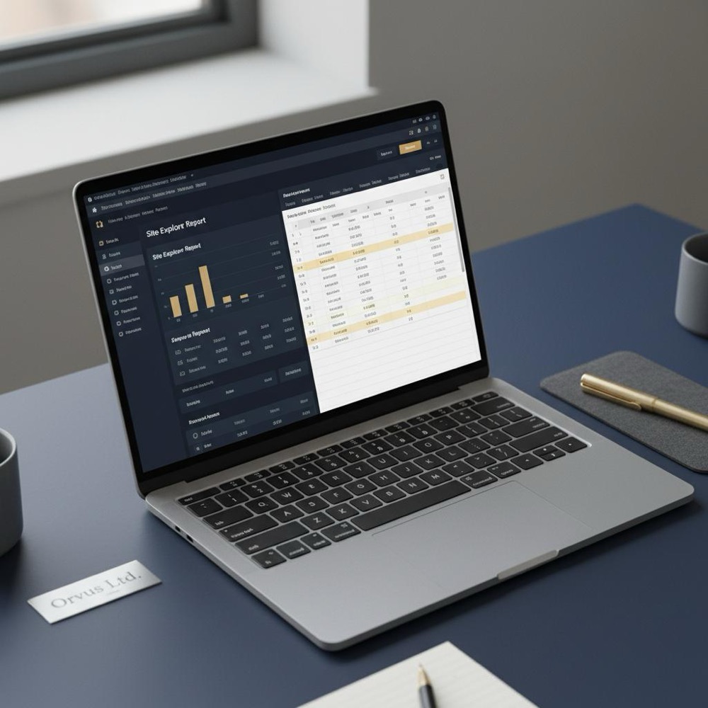 Close-up desktop photo of a laptop showing a side-by-side Site Explorer report and spreadsheet for ahrefs vs semrush, minimalist Orvus palette with #C8A45D highlights on a #0B1E33 background