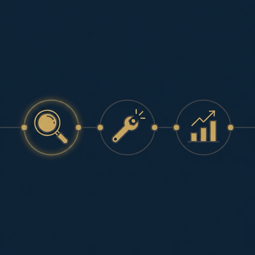 Minimal 2D vector infographic navy background showing a 90 day checklist timeline with gold icons for audit quick fixes and measurement for google maps seo