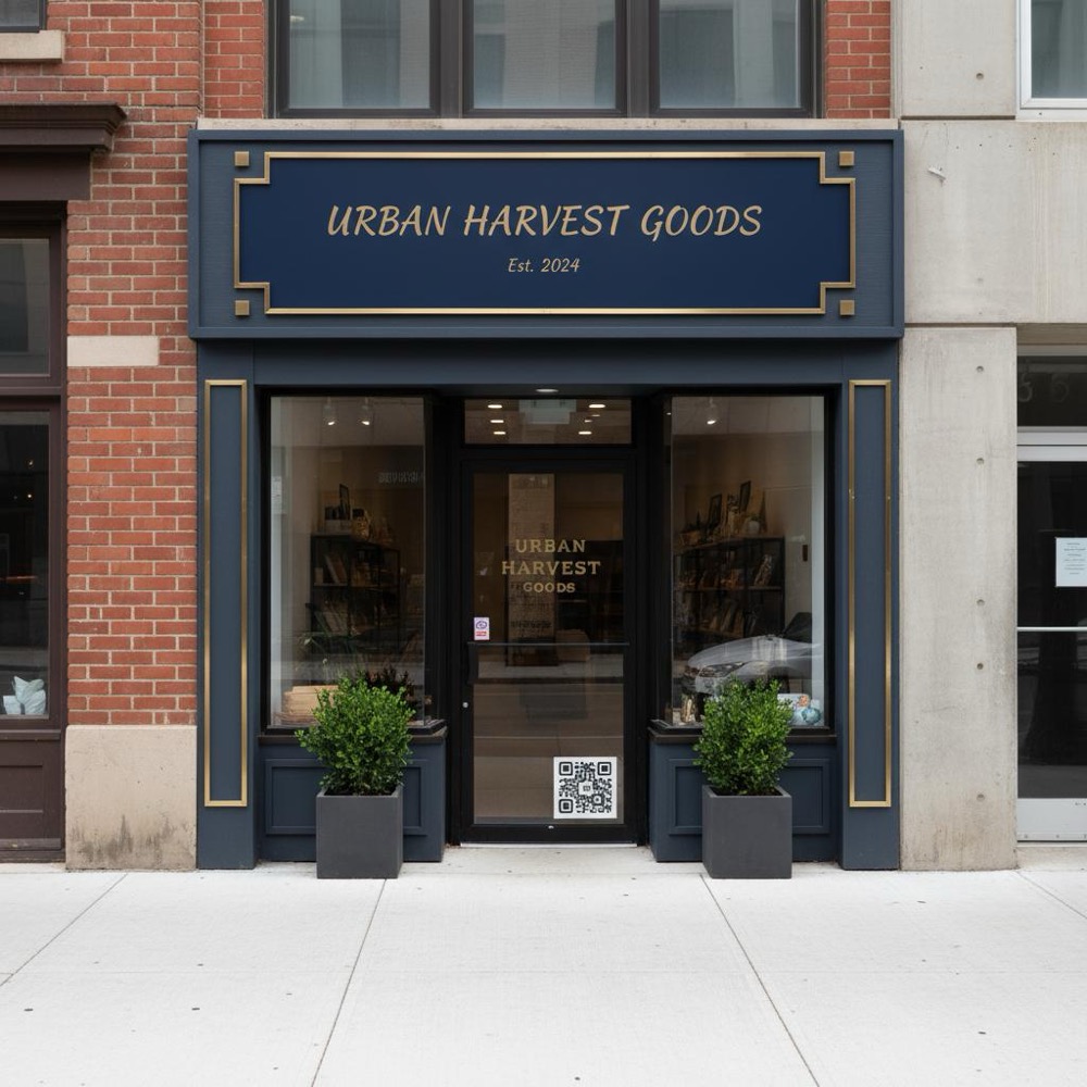 Small navy-and-gold shopfront with clear signage and a visible QR code on the door, illustrating local SEO on Google for a brick-and-mortar business