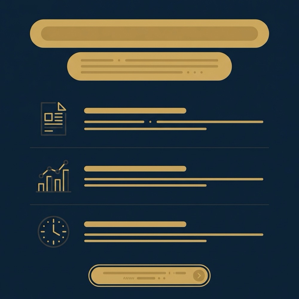 Minimal 2D vector infographic showing title lead headings and CTA blocks as placeholder bars and icons in Orvus Ltd brand colors seo content writing