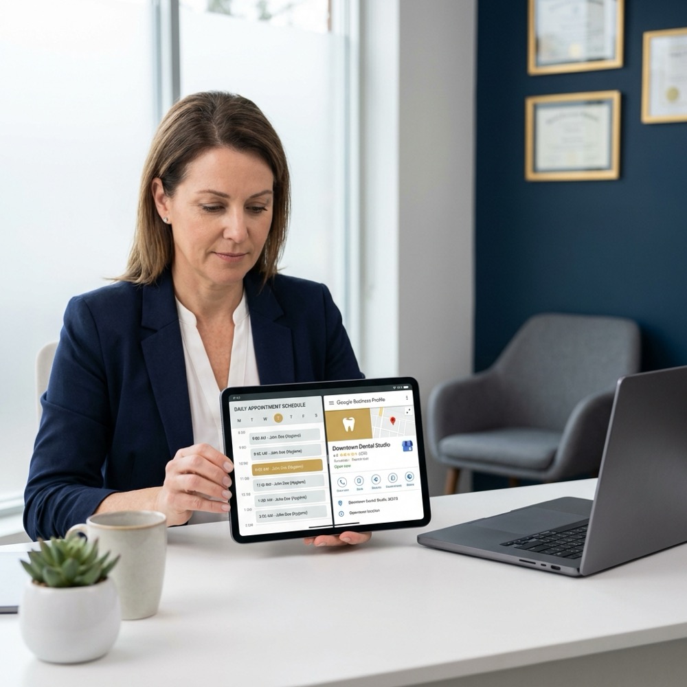 Clinic manager reviewing a tablet showing a schedule and Google Business Profile page in a clean dental office professional setting dental seo expert