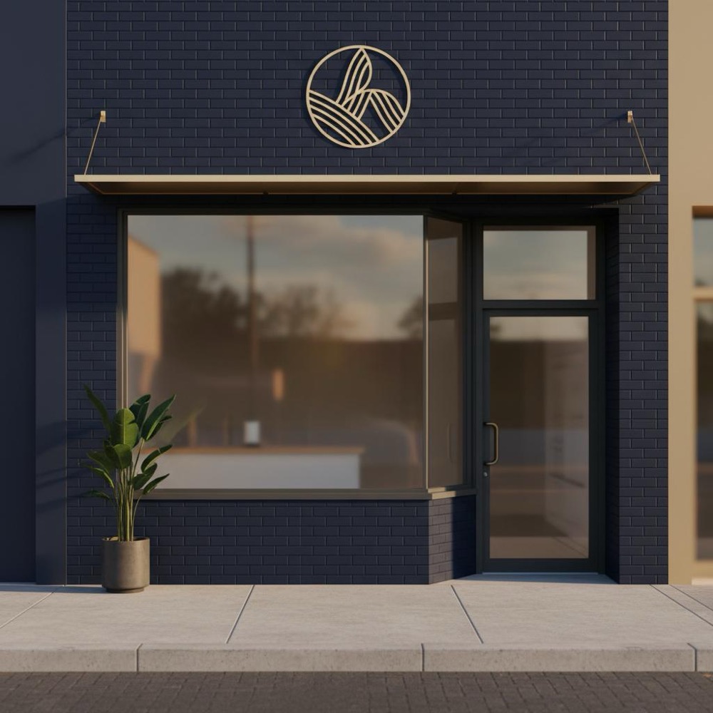Minimalist photo of a small cafe storefront with clear signage, deep navy background and gold accents, natural lighting - optimized for local SEO.