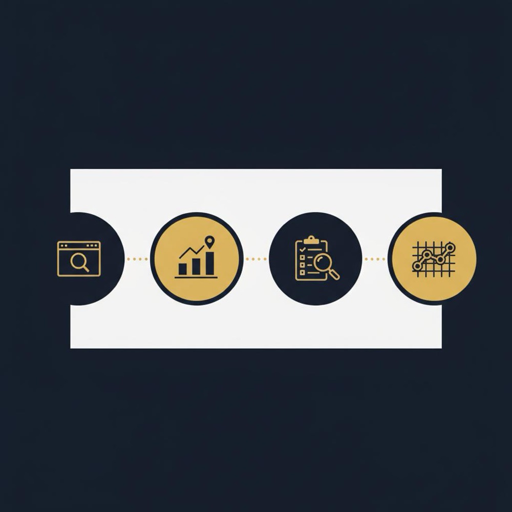 Minimal 2D vector infographic showing four gold icons on dark navy background illustrating steps to check google ranking: search console, rank tracker, manual check, analytics