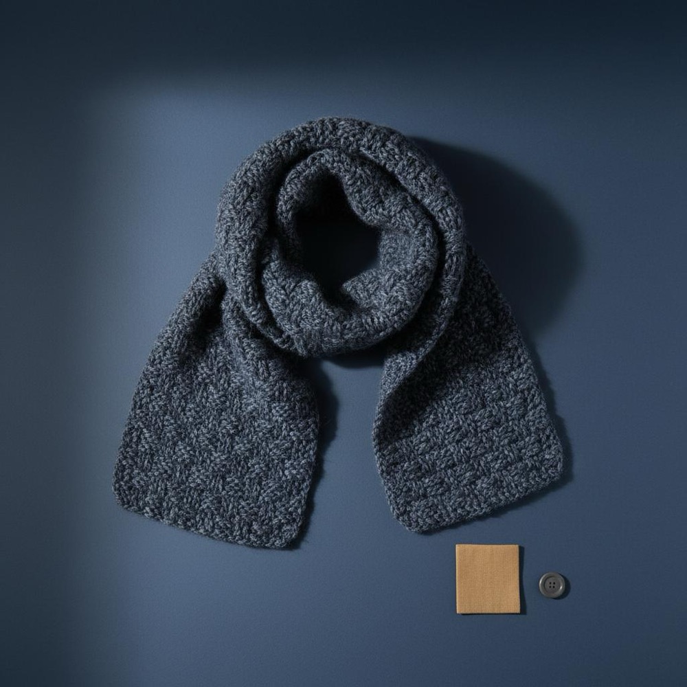 Handmade textured scarf on a neutral surface with a small folded #C8A45D tag and muted #0B1E33 background, minimalist product shot for Etsy SEO