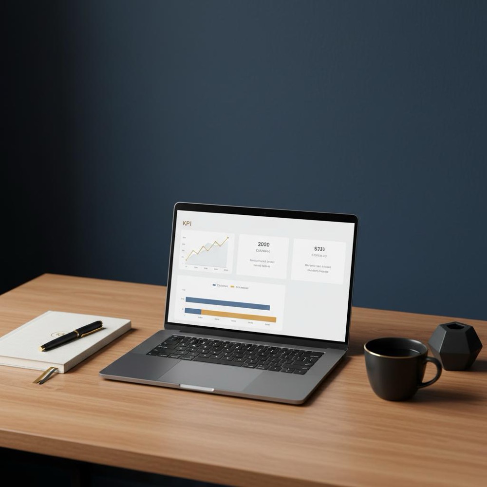 Minimalist small business workspace with laptop displaying an analytics dashboard, notebook and coffee cup, subtle #C8A45D stationery accents - free alternative to Ahrefs